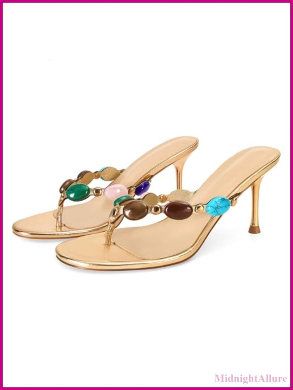 Vegan Leather Strappy Thong Heeled Sandals with Jewelled Bohemia Style Kitten